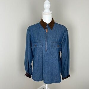 British Khaki 100% Cotton Denim Shirt with Brown Collared Trim